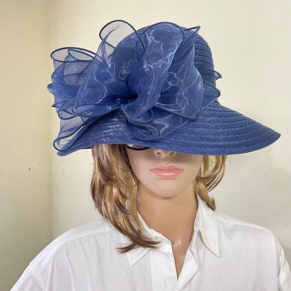 Forbusite Wide Brim Hat OS adjustable with w Large Bow Derby Church Navy blue - Picture 7 of 8